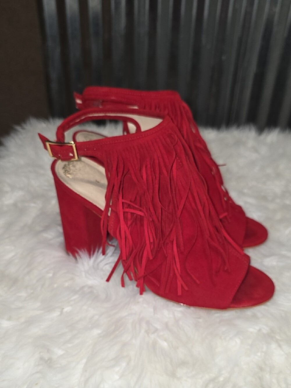 Fringe Peep-Toe Sandal - Red - Picture 4 of 8